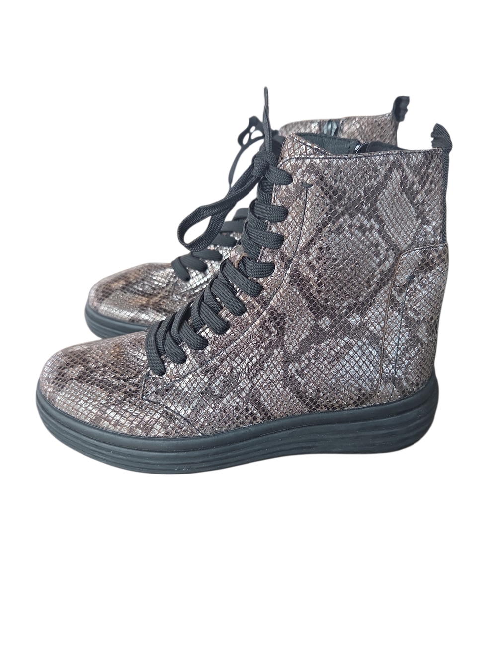 Geox Size 6 Wedge Lace-Up Snake-Print Ankle Sneakers - Gray And Brown